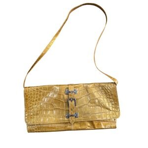 Claudia Firenze Crocodile Embossed Leather Shoulder Bag  Yellow Made in Italy